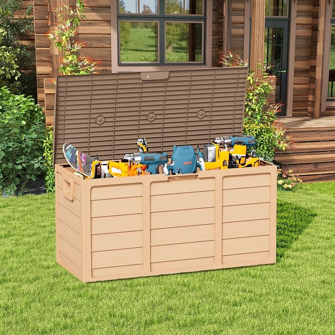 SUNCROWN 75 Gallon Deck Storage Box Resin Outdoor Storage Container with Handles for Patio Garden Yard Porch, Yellow