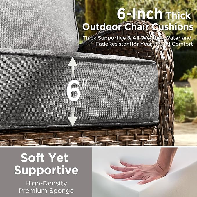 Luxury Wicker Patio Furniture Set with 6-Inch Thick Cushions, 3 Pieces Outdoor Swivel Rocker Patio Chairs Set of 2 with Rattan Side Table, Outdoor Patio Conversation Sets for Garden Deck, Gray