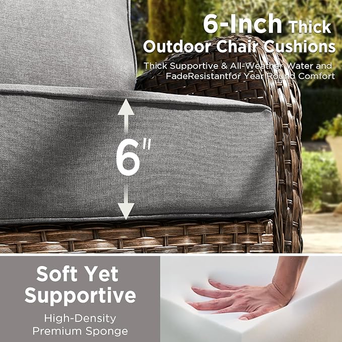 8 Pieces Luxury Patio Furniture Set with 42.5" Fire Pit Table, 6-Inch Thick Cushions Wicker Outdoor Furniture with Outdoor Rocking Chairs Set of 4, Outdoor Patio Conversation Set for Deck, Gray