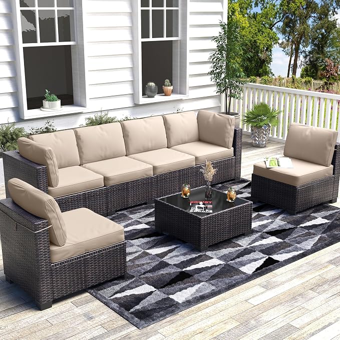 GarveeHome 7 Piece Patio Furniture Set, PE Rattan Wicker Sectional Sofa Set with Cushions & Glass Top Coffee Table, Outdoor Conversation Furniture for Garden, Balcony, Porch, Backyard