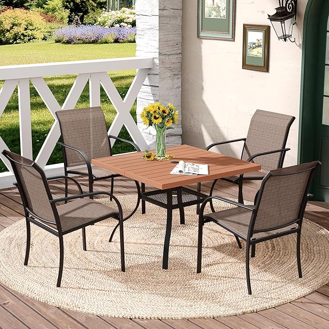 DIFY 5 Pieces Outdoor Patio Dining Set for 4, 38.6" Walnut Square Patio Table with Umbrella Hole and 4 Brown Stackable Sling Chairs, Outdoor Table and Chairs for Lawn Garden, Backyard