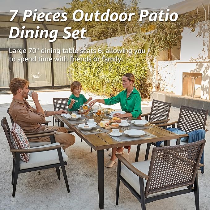 NATURAL EXPRESSIONS 7 Piece Patio Dining Set for 6,Rattan Wicker Swivel Patio Dining Chairs with Cushions,Aluminum Woodgrain Armrest, 65" Large Dining Table with Umbrella Hole for Yard, Garden,Pool
