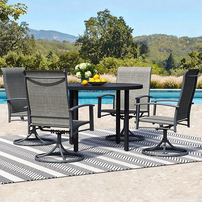 5 Piece Outdoor Patio Dining Set for 4, 42" Black Round Metal Table with 4 Grey Swivel Chairs, All-Weather Outdoor Furniture Set for Backyard, Lawn, Deck, or Poolside