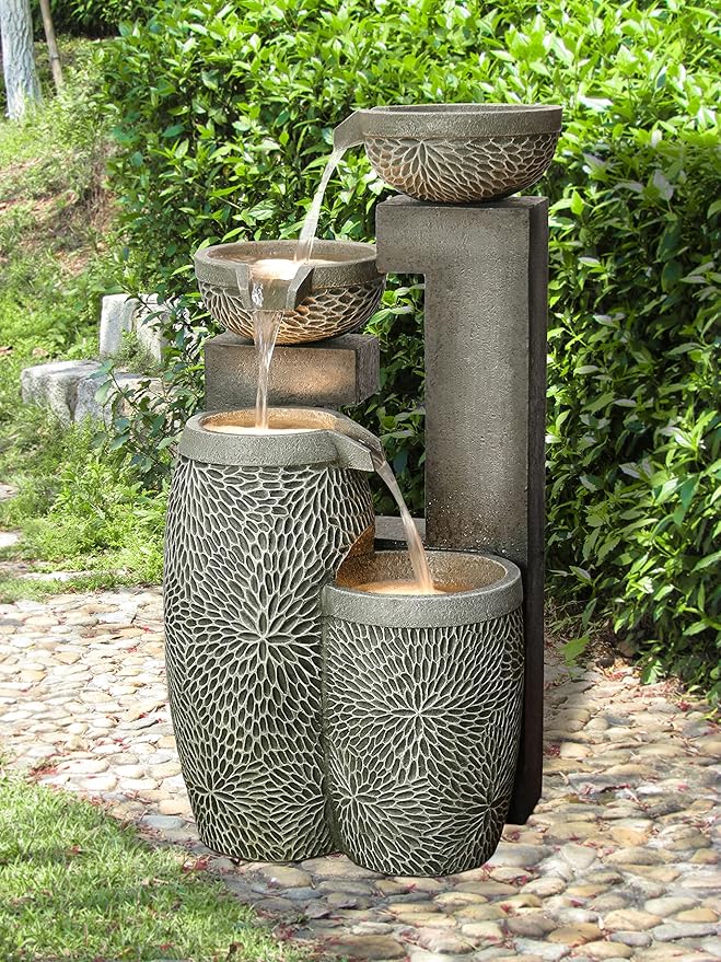 Hi-Line Gift Ltd. 4 Tiers Modern Cascading Water Fountain Outdoor with Warm White LEDs, Gray