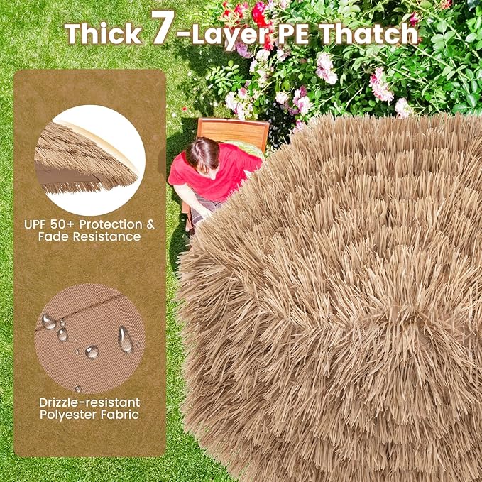 Tangkula 8Ft Tiki Patio Umbrella, UPF50+ Hawaiian Style Outdoor PE Grass Umbrella with 8 Ribs, Portable Thatched Beach Umbrella for Garden, Yard, Poolside