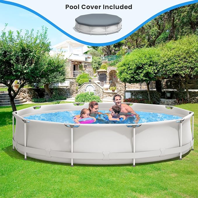 Goplus Above Ground Swimming Pool, 12ft x 12ft x 30inch Outdoor Steel Frame Pool W/Pool Cover, Reinforced Steel Frame, Round Swimming Pool for Backyard, Garden, Patio, Balcony (Gray)