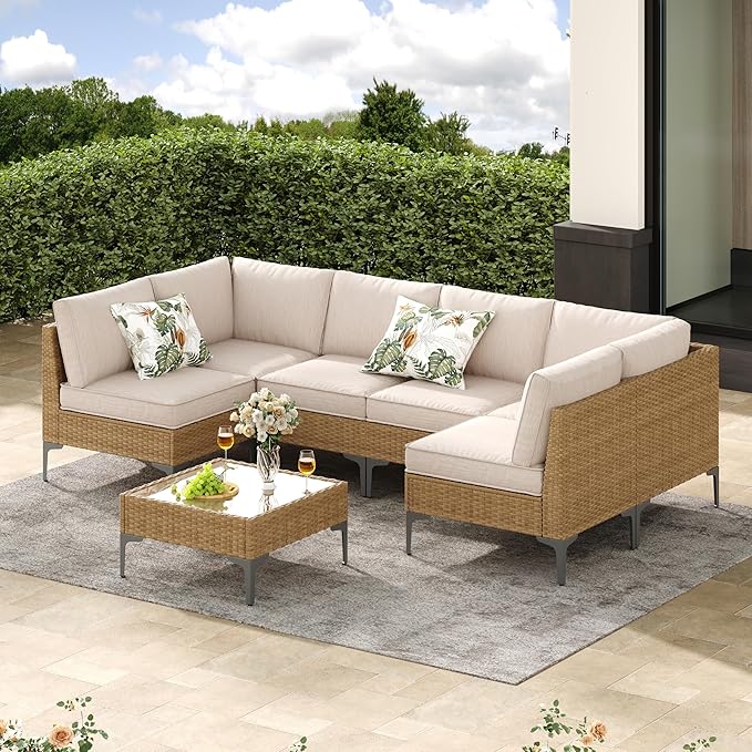 Jing's Villa 7-Piece Outdoor Patio Furniture Set, All-Weather Wicker Sectional Sofa with Coffee Table & Thick Anti-Slip Cushions for Backyard,Lounge,Garden,Deck, Beige