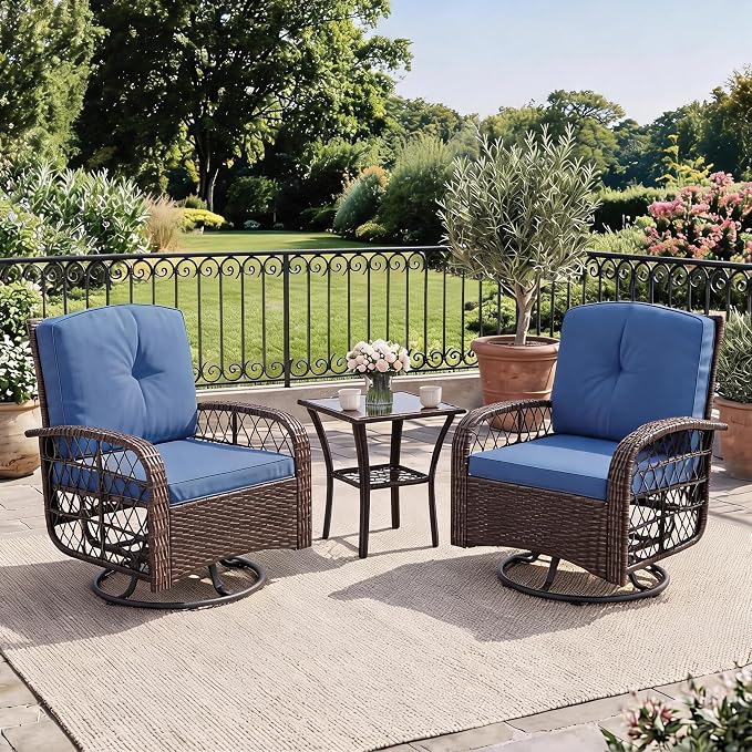 IDEALHOUSE 3-Piece Outdoor Patio Furniture Set, Wicker Swivel Rocking Chairs with Thick Cushions and Glass Coffee Table, Backyard & Garden Bistro Rocker Set, Brown+Blue Cushion