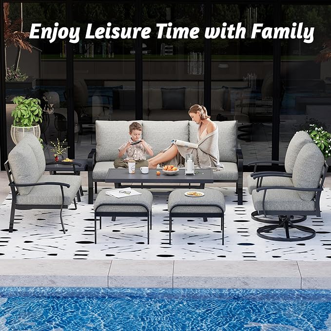 HOMREST Outdoor Furniture Thickened Cushion 360 Degree Swivel Rocking Patio Chairs with Ottomans and 3-Seat Sofa, Loveseat, Coffee Side Table, 8 PCS Metal Conversation Set for Garden, Deck, Poolside