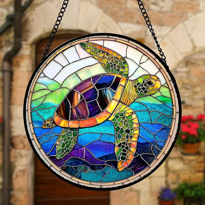 DASTOLL Stained Glass Window Hanging, Colored Turtle Ocean Suncatcher Diamond Glass Panel Hangings Marine Life Sun Catchers Decor for Birthday for Women, Men, Wife, Aunt, Mom 7.8 in