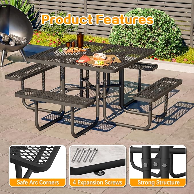 Square Outdoor Metal Coffee Picnic Table for Patio, Backyard, Garden and DIY (Includes 4 Built-in Benches) - Black