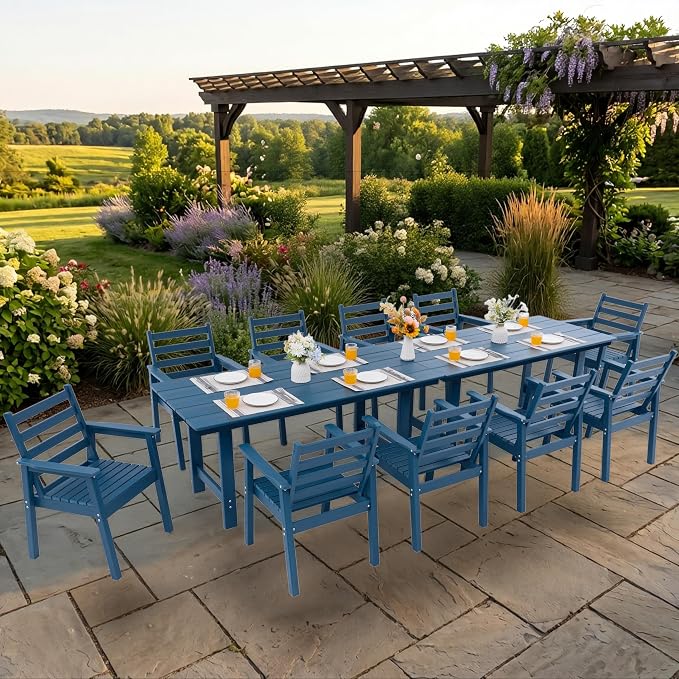 12-Piece Outdoor Dining Set, All-Weather HDPE Patio Furniture, Two 66.5" Slatted Table with 1.6" Umbrella Hole & 10 Ergonomic Armchairs, Heavy Duty 350lbs Capacity, UV Resistant, Blue