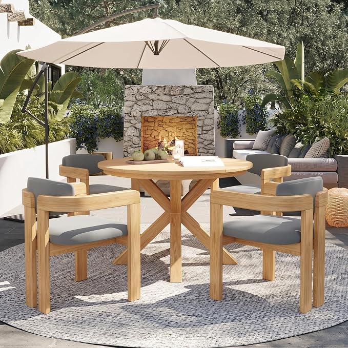 5-Piece Outdoor Dining Set, Solid Acacia Wood Patio Table with 4 Barrel Chairs, Cushioned Seats & Backs (Non-Removable), Modern Garden Conversation Set, Gray Cushion