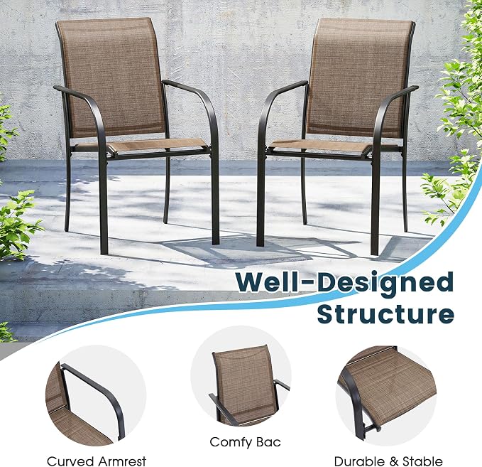 5 Pieces Patio Dining Set, 41" Round Dining Table with Umbrella Hole, 4 Stackable Textilene Fabric Chairs, Metal Structure for Patio, Porch, Garden(Walnut Table, Brown Chair)