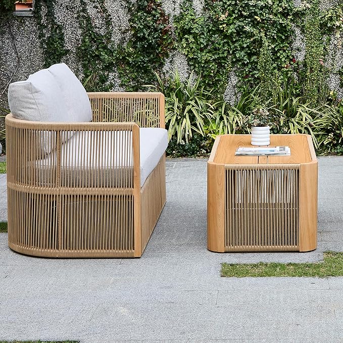2 Piece Patio Furniture Set, Olefin Rattan Patio Conversation Set, Aluminum Patio Sofa Set, 2 Seat Loveseat with Coffee Table, All Weather Outdoor Sectional Furniture for Backyard/Lawn, Beige