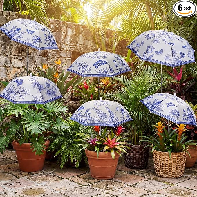 Hillban 6 Pack Plant Shade Umbrellas for Outdoor Plants 23.6" Large Garden Umbrella Shade for Potted Flower with Adjustable 40" H Sunshade Cover for Patio Garden Bed Flowers(Blue and White Porcelain)