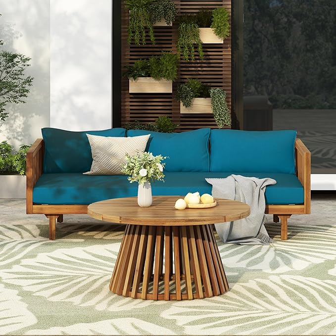 Christopher Knight Home Charm Patio Conversation Set, 3 Seater Acacia Wood Sofa, Spacious Seating Daybed, Wood Coffee Table, Round Side Table, Outdoor Furniture for Backyard Garden Rest, Dark Teal
