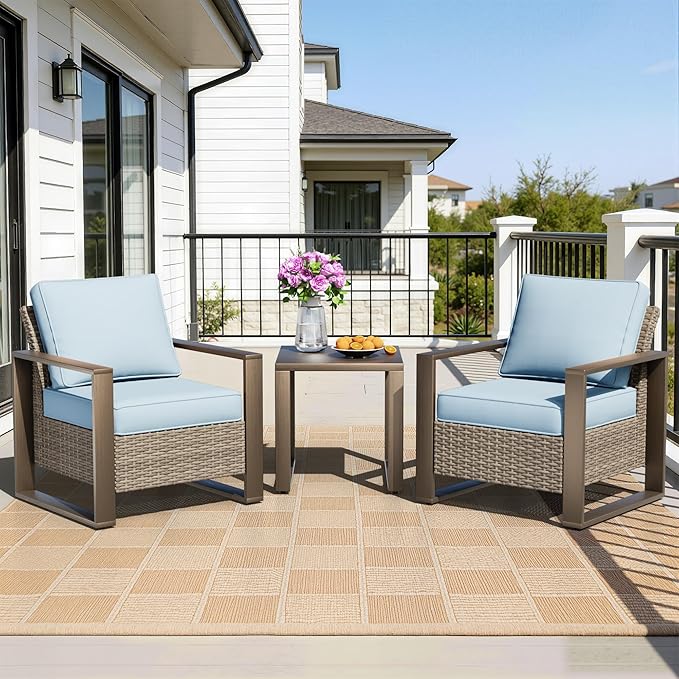 Outdoor Wicker Metal Chairs Set of 2 with Matching Side Table - 3 Pieces Patio Bistro Set with Removable Olefin Fabric Cushions & Rectangular Framed Wood-Looking Metal Armrest, Baby Blue