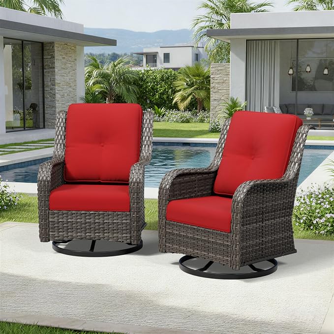 Joyside Swivel Patio Chairs Set of 2, Wicker Patio Furniture with High Back, Deep Seating, Wide Armrest, Thickened Cushions, Outdoor Rattan Furniture for Deck, Porch Use