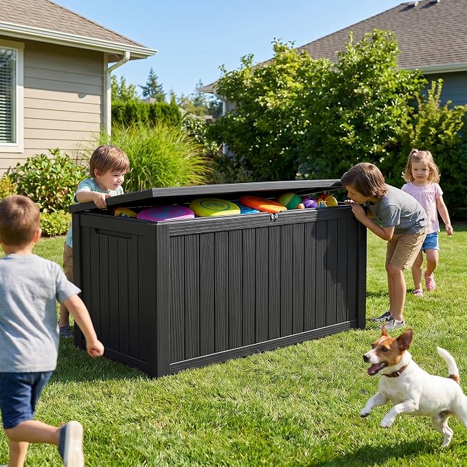 200 Gallon Deck Box, Lockable Waterproof Storage Box, Outdoor Storage Bin for Package Delivery, Patio Cushions, Gardening Tools，Pool Accessories and Sports Equipment (Black,200 Gallon)