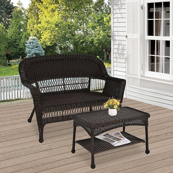 Jeco Wicker Patio Love Seat and Coffee Table Set without Cushion, Espresso