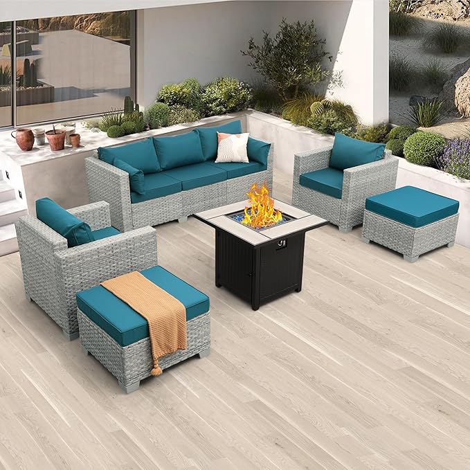 WAROOM Patio Furniture Set 6 Piece PE Rattan Outdoor Conversation Sets Grey Wicker Couch Sectional Sofa with 30" Fire Pit Table and Peacock Blue Cushion