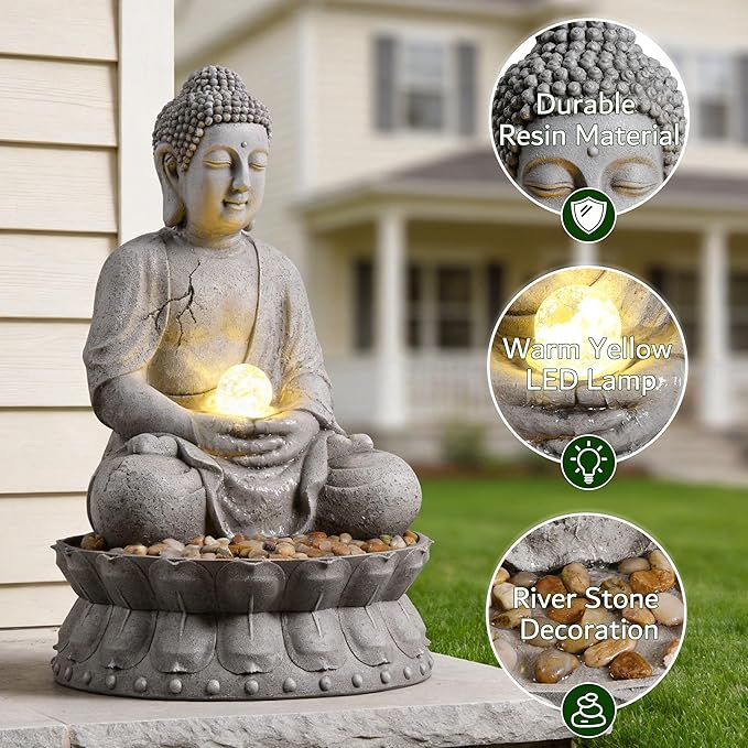 MAOCHI Buddha Statue Outdoor Water Fountain with LED Light, Gray Stone-Like with Lotus Base, Decorative Garden, Yard and Patio
