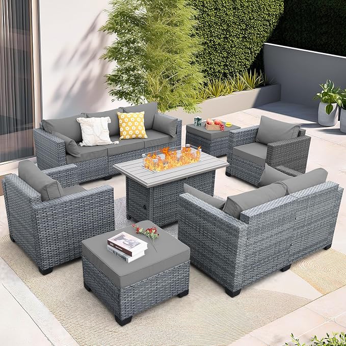 7 Piece Wicker Patio Furniture Sets Outdoor Conversation Set, PE Rattan Sectional Sofa Couch with Fire Pit Table and Non-Slip Grey Cushions, Furniture Covers Included