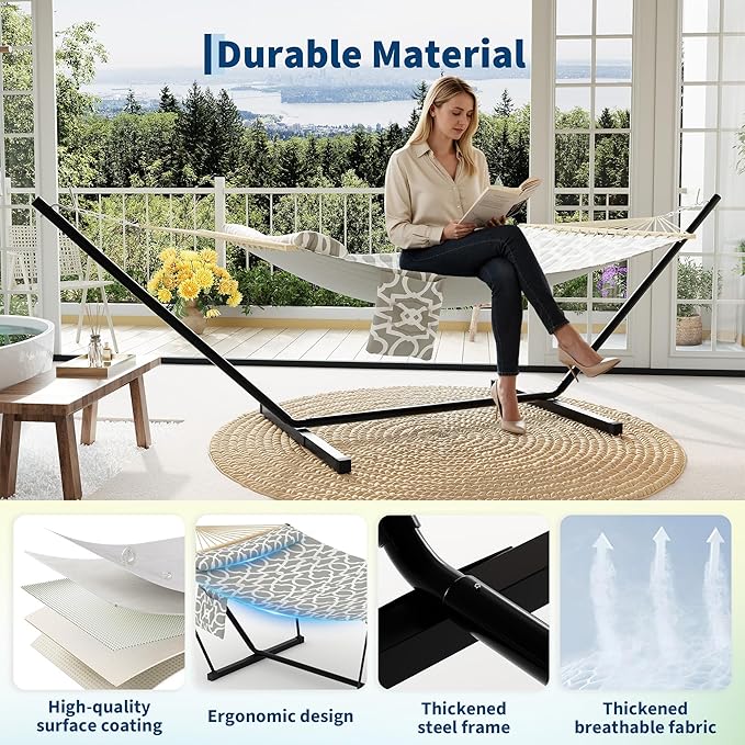 Double Hammock with Stand - Heavy Duty Portable 2 Person Design with Adjustable Steel Stand, Max 450LBS, Ideal for Outdoor Patio, Garden, Beach & Backyard