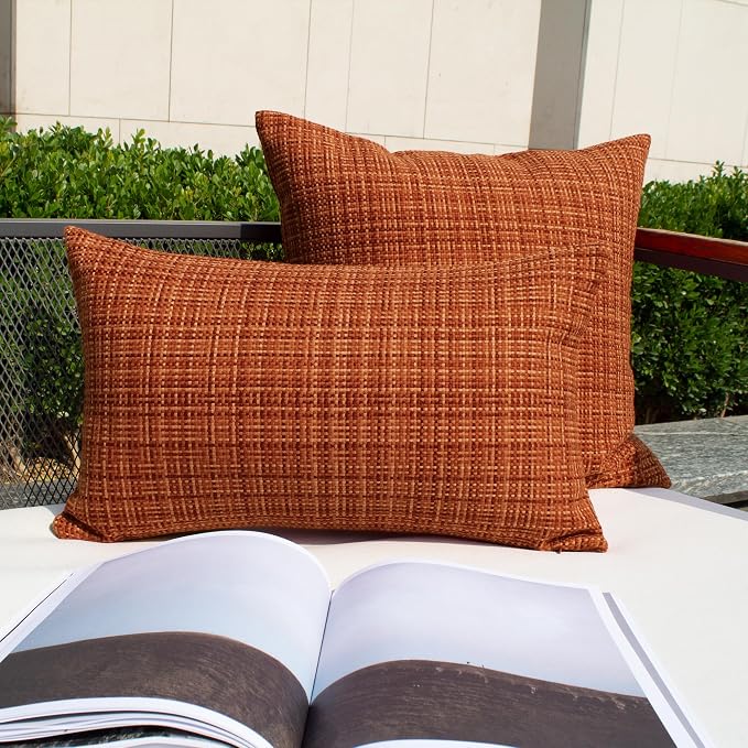 Kevin Textile Outdoor Waterproof 12"x24" Pillow Covers 2 Pack, Burnt Orange | Fall Water Resistant, Faux Linen Yarn-dyed, Woven Texture Throw Pillow Covers for Tent Patio Garden Couch Sofa