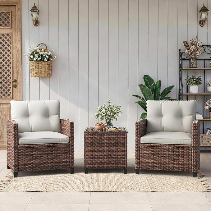 Garvee Outdoor Wicker Chairs,3 Pieces Patio Furniture Set,All Weather High Back Rattan Chairs w/Washable Cushion and Tempered Glass Tabletop for Deck Porch Balcony Backyard Garden,Brown & Beige