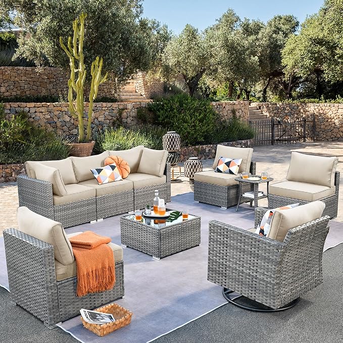 ovios Outdoor 9 Piece Coversation Set with Swivel Rocking Chair,Sectional Patio Furniture Set with All-Weather Wicker Sofa,Modern Outside Couch for Balcony Backyard Pool, Beige