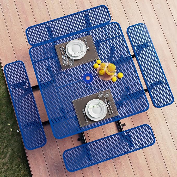 Metal Picnic Tables for Outdoors with Umbrella Hole - Coated Steel Heavy Duty Commercial Grade Furniture (Blue, 46 in, Square, Punched Steel)