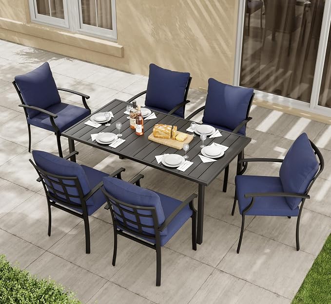 HAPPATIO 7-Piece Patio Dining Set, Outdoor Dining Set with Powder-Coated Metal,Dining Table with Umbrella Hole, 6 Stackable Chairs with Removable Cushions for Porch Poolside Garden, Navy Blue
