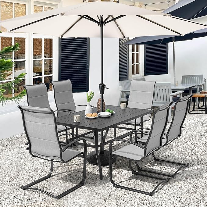 NUU GARDEN 7 Piece Outdoor Dining Set, 6 Textilene Dining Chairs and 61" Rectangular Dining Table with 1.57" Umbrella Hole, for Backyard, Patio, Garden, Gray and Black