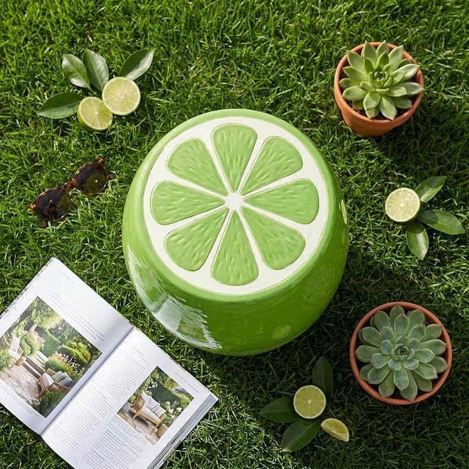 Lime Resin Novelty Stool, Fruit Shaped Plant Stand Side Table Accent Seat, Indoor Outdoor Waterproof Decor, 14.17" H x 12.60" W, Green