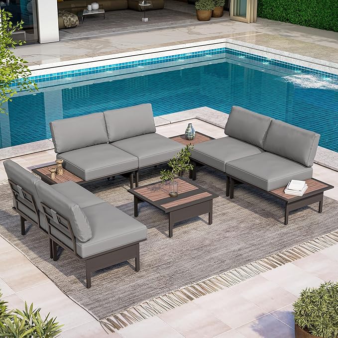 LAUSAINT HOME 8 Pieces Patio Furniture Set, Outdoor Metal Frame Patio Conversation Sets with Coffee Table & Thick Cushions for Garden, Poolside, Backyard(Grey)