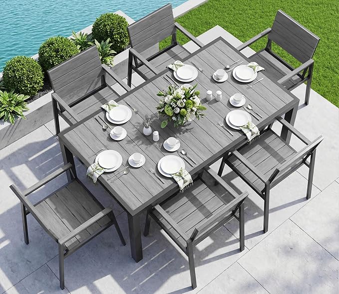 Vexwalx 7-Piece Outdoor Dining Set, Aluminum Dining Table Set for 6, Patio Table and Chairs Set with Umbrella Hole, All Weather HDPS Outdoor Table and Chairs for 6 (Gray)