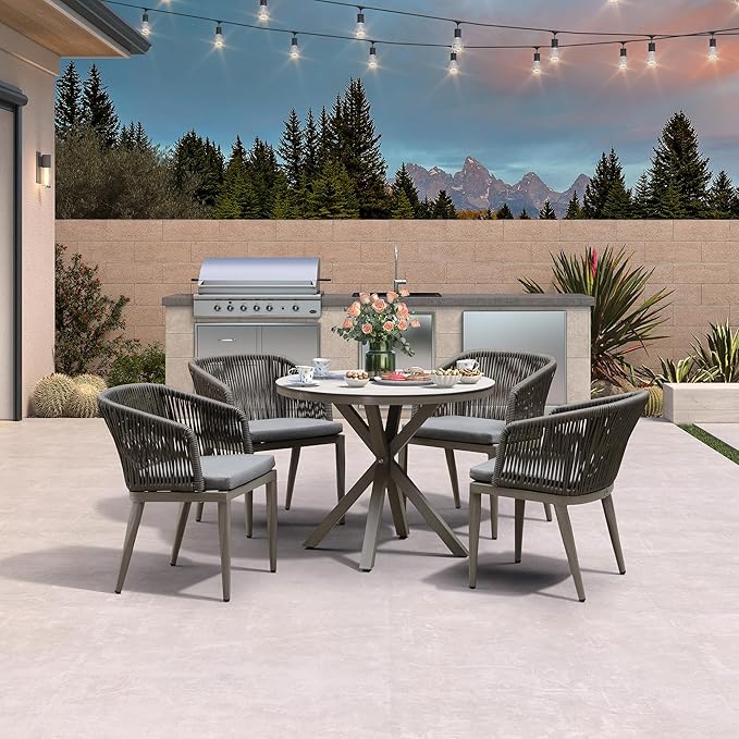 PURPLE LEAF 5 Pieces Patio Round Dining Set Aluminum Frame and Wicker Rattan Round Table and Arm Chairs with Cushions for Garden Porch Kitchen Modern Outdoor Grey