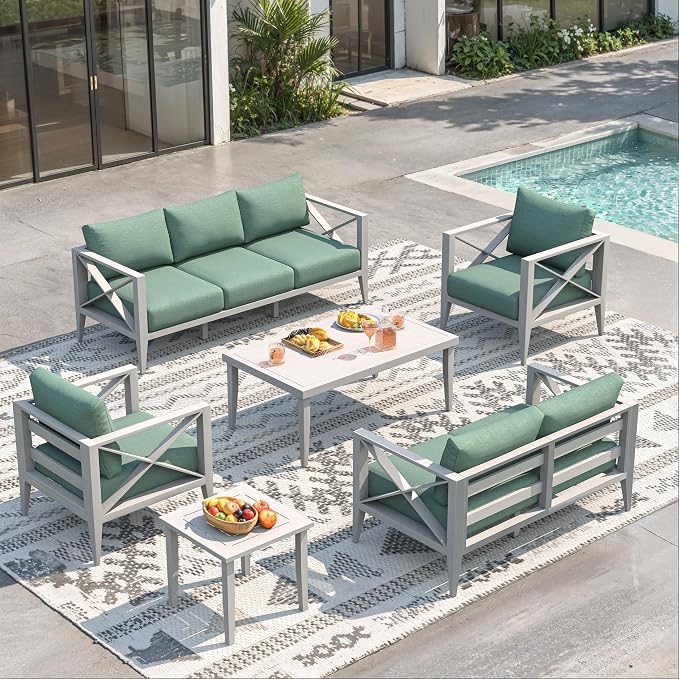 Aluminum Outdoor Patio Furniture Set with 5.2" Thick Cushions, 9-Piece Outdoor Sectional with Plus Coffe Table, Patio Conversation Sets for Backyard,(White,7 Seats)