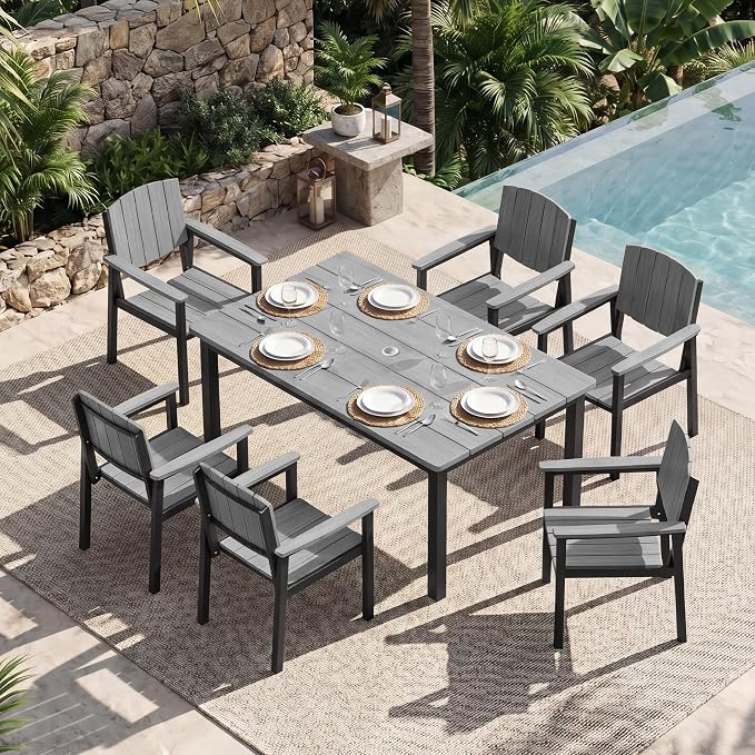 Aluminum Outdoor Patio Dining Table for 4-6 Person, All-Weather Rectangular Outdoor Table with Umbrella Hole for Garden Backyard Poolside Grey
