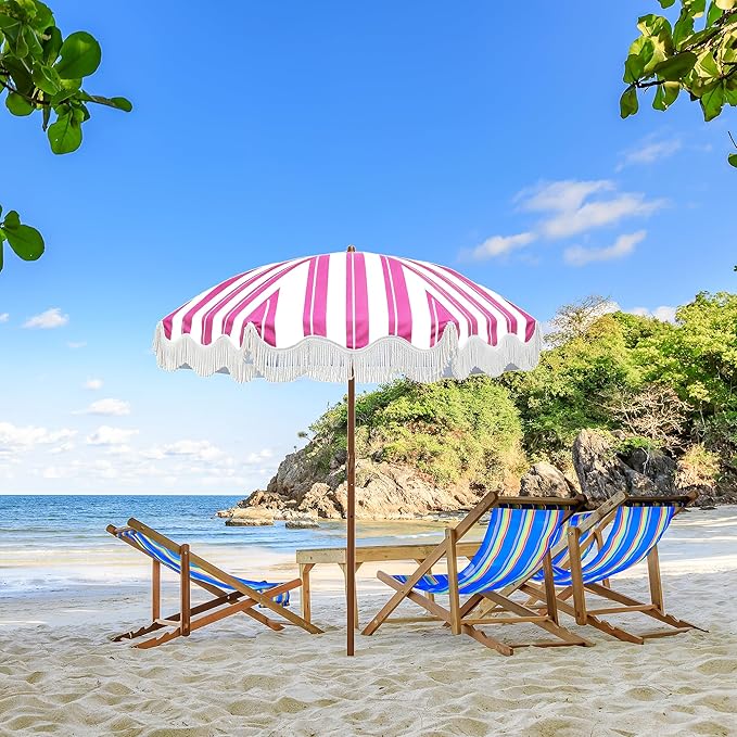 Rayjee 6.5FT Patio Umbrella with Fringe, UV Protection Beach Umbrella with Tilt & Adjustable Height, Includes Carry Bag & Ground Stake, Outdoor Umbrella for Pool, Garden, Backyard