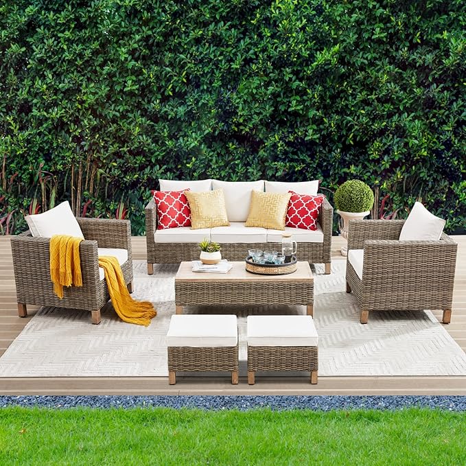 Patio Furniture Set Sectional Sofa with Metal Top Coffee Table, 6 Pieces Conversation Set Hand Woven Wicker Outdoor Furniture for Garden, Patio, Poolside, Porch Reinforced Rattan Sofa (Beige)
