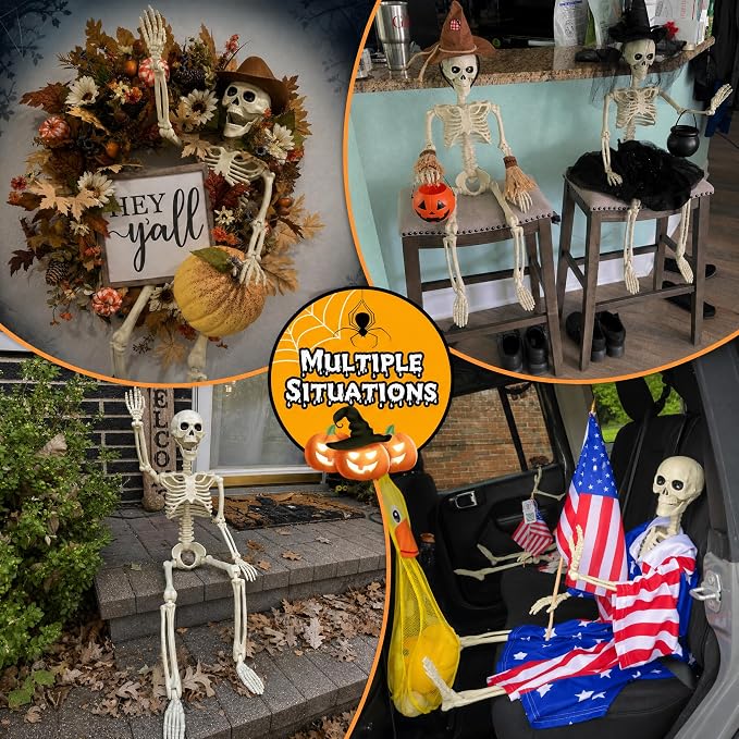 2-Pack 40" Pose-N-Stay Halloween Skeletons, Life-Size Full Body Realistic Posable Skeleton with Movable Joints, Spooky Haunted House Decor for Outdoor Yard, Patio & Front Porch