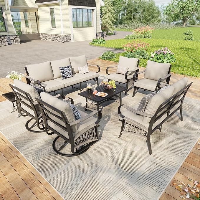 8 Pieces Patio Furniture Set, Metal Outdoor Conversation Sets with Swivel Chairs, Modern Couch Sofa Seating Group with Coffee Table and Side Table (Thick Beige Cushions)