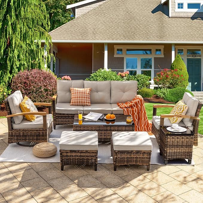 MEISSALIVVE 7 Pieces Patio Furniture Sets,PE Wicker Outdoor Furniture Conversation Sets with 2 Wood Armrests Swivel Rocker Chairs, 2 Ottoman, 3-seat Sofa and Coffee Table(Beige)