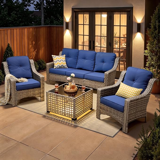 4 Piece Patio Furniture Set with Solar Light Coffee Table, Heavy Duty Wicker High Back Sofa Chairs with Thick Cushion, Small Outdoor Conversation Sets for Backyard Garden Porch, Navy Blue