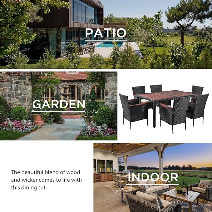 7-Piece Outdoor Patio Dining Set, Garden PE Rattan Wicker Dining Table and Chairs Set, Acacia Wood Tabletop, Stackable Armrest Chairs with Cushions (Reddish-Brown ~009)