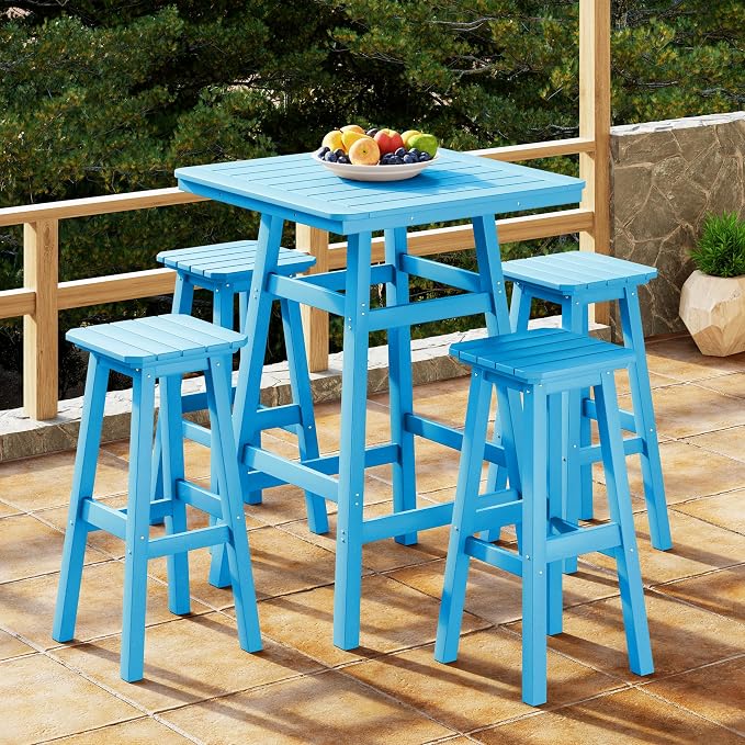 Costaelm Outdoor Bar Table, 42" Counter Height Square Patio Cocktail Bar Table with Umbrella Hole, Patio Bistro Dining Pub Table for Front Porch Deck Backyard Garden, Pacific Blue