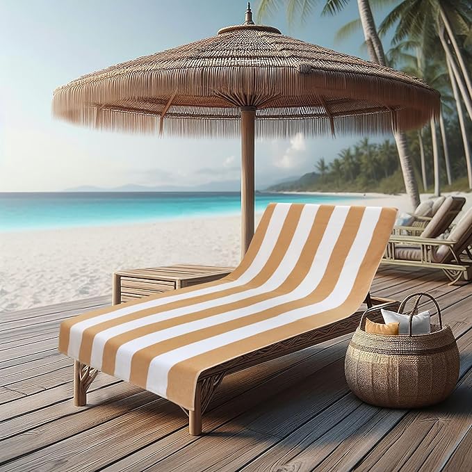 COTTON CRAFT Pool Lounge Chair Cover - 2 Pack Cabana Stripe - Soft Absorbent 100% Cotton Dobby Terry Towel Chaise Lounge Beach Chair Cover - Oversized 32 W x 82 Length x 7 inch Pocket – Linen